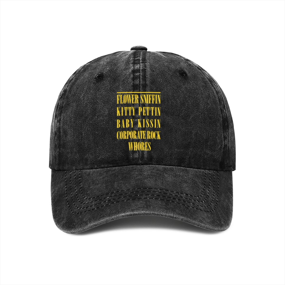 Black Nirvana Smiley Face Washed Baseball Cap; yellow smiling face graphic associated with Nirvana