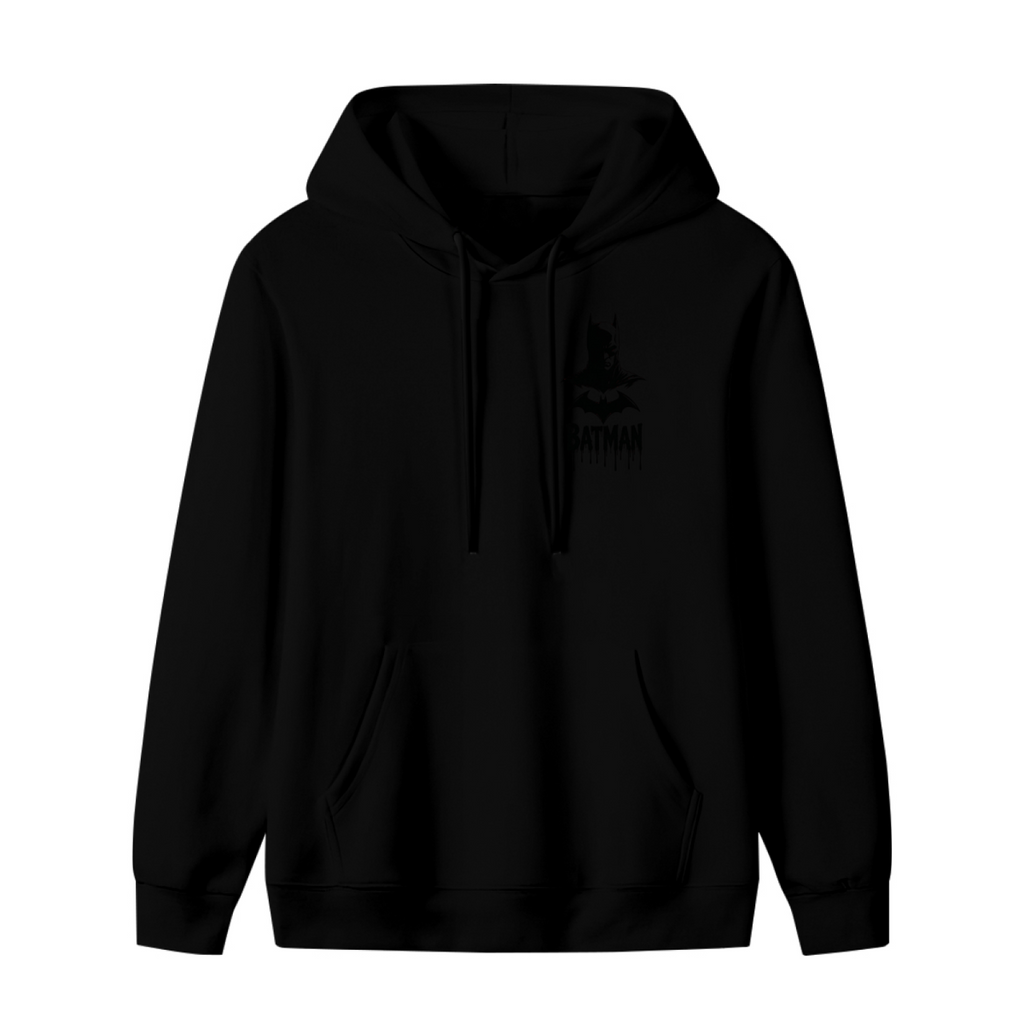 Front garment photograph: women's hoodie decorated with a small pointed-cowl silhouette with ink-style lettering