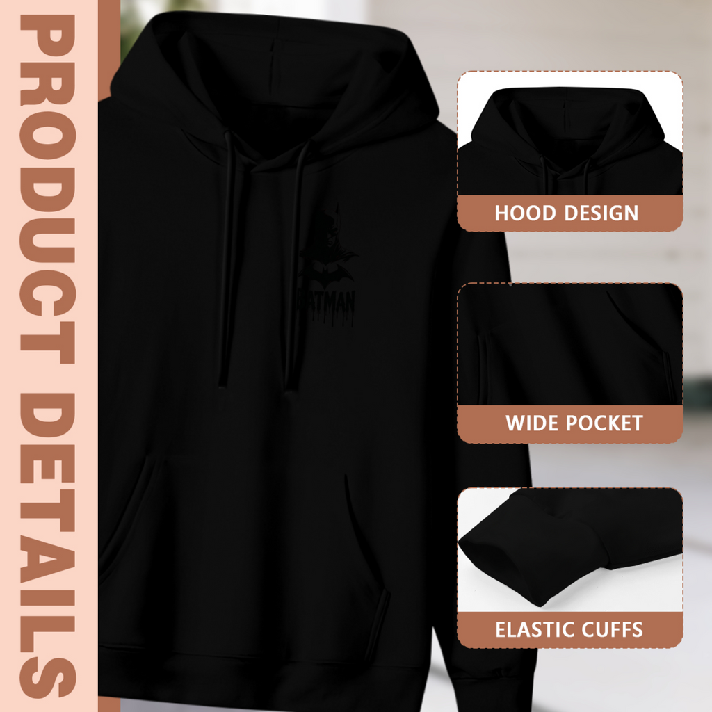 Women's Little Mask Ink Stamp hoodie product-feature illustration with close views of the hood, pocket and cuffs