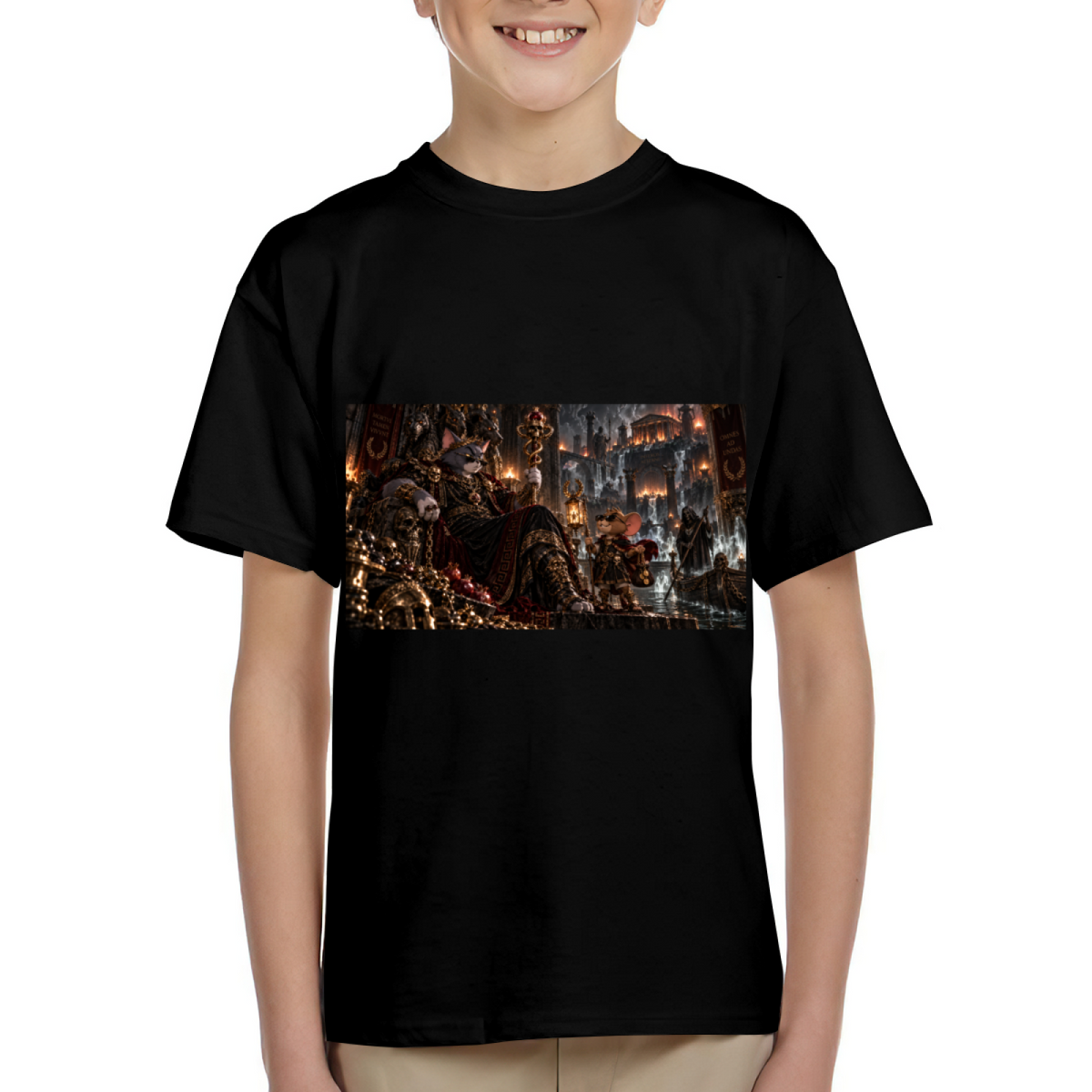 Firelit Feline Throne Kid's T-Shirt for Game Nights