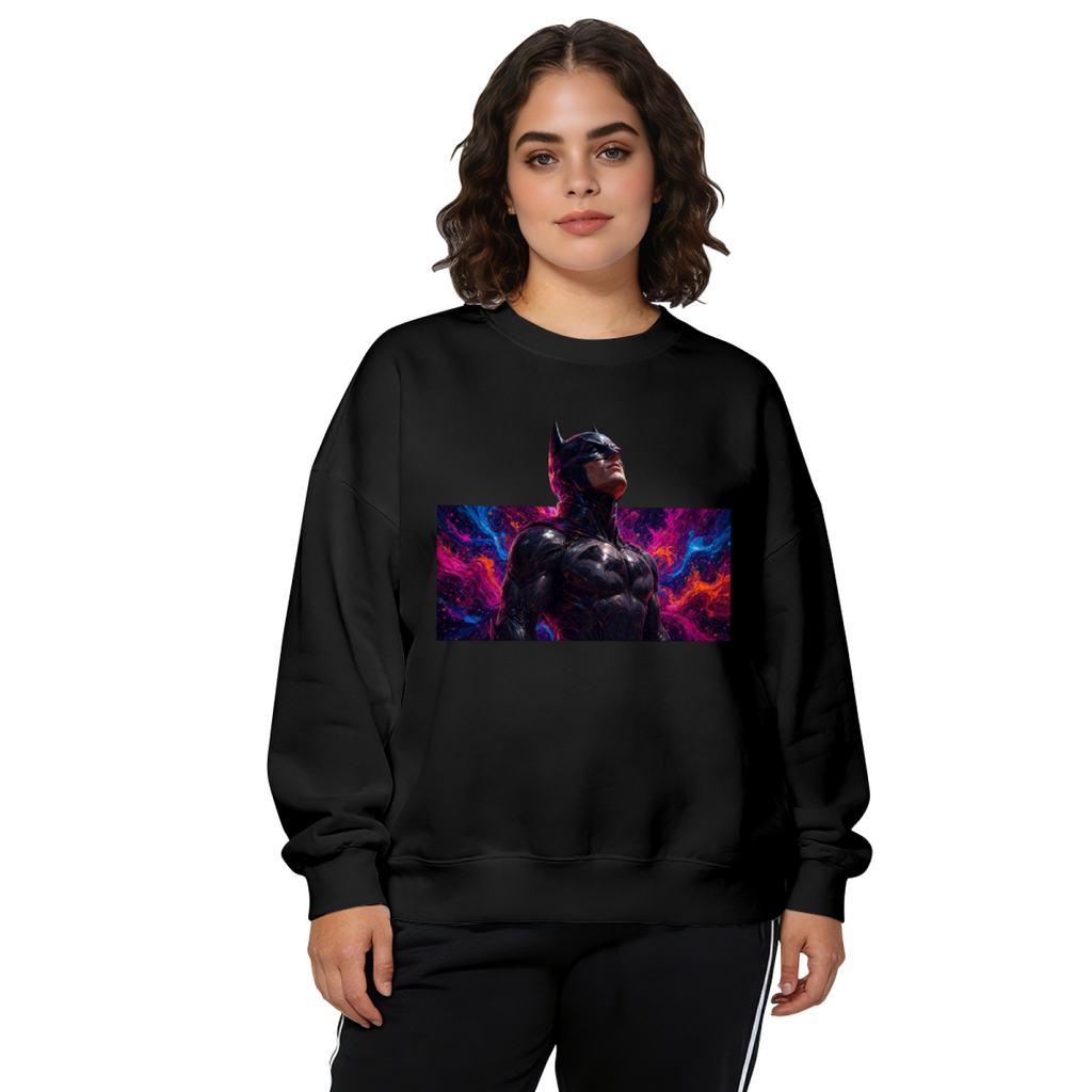Women's crewneck sweatshirt seen on a model, its front graphic depicting an armored cowl portrait surrounded by electric pink and blue light