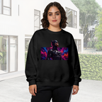 An armored cowl portrait surrounded by electric pink and blue light visible on a women's crewneck sweatshirt in an outdoor front model view
