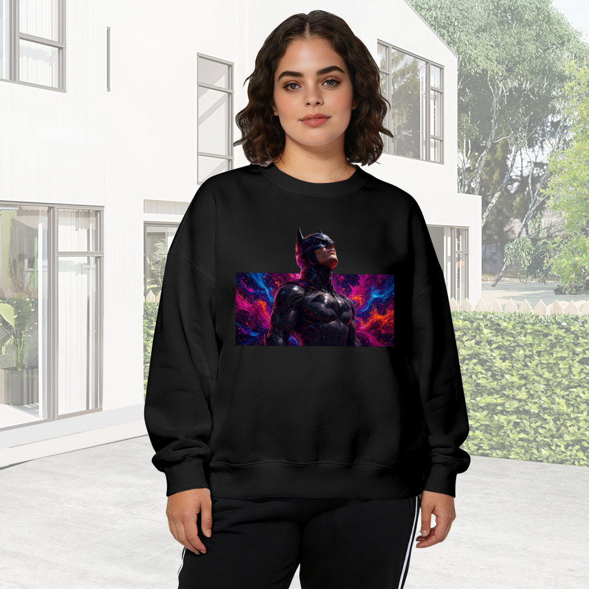 An armored cowl portrait surrounded by electric pink and blue light visible on a women's crewneck sweatshirt in an outdoor front model view