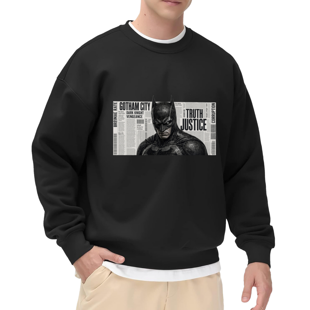 Studio photograph of a model in a men's crewneck sweatshirt showing a monochrome cowl portrait layered over a newspaper-style panel