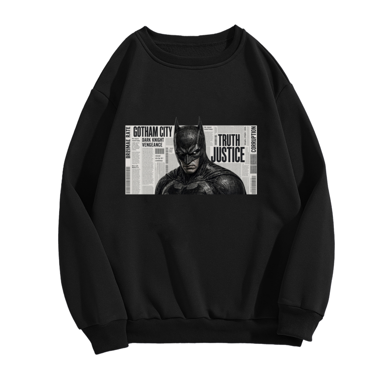 Standalone men's crewneck sweatshirt front displaying a graphic of a monochrome cowl portrait layered over a newspaper-style panel