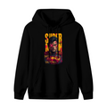 Standalone men's hoodie front displaying a graphic of a tall caped graffiti portrait with a pink X across the eyes
