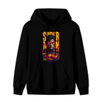 Standalone men's hoodie front displaying a graphic of a tall caped graffiti portrait with a pink X across the eyes
