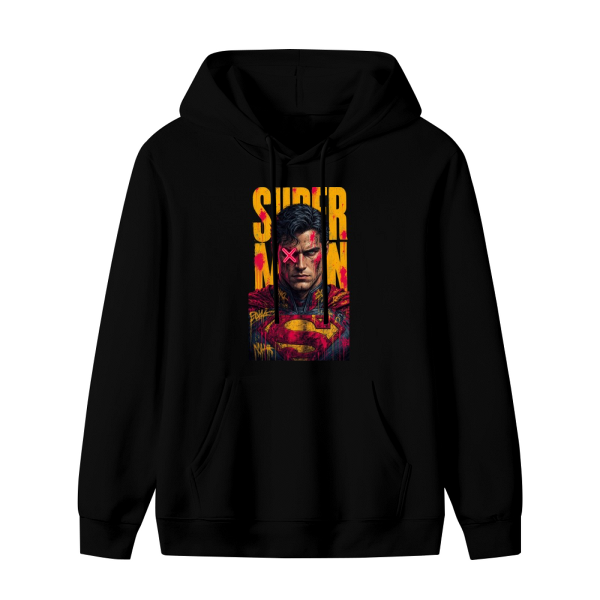 Standalone men's hoodie front displaying a graphic of a tall caped graffiti portrait with a pink X across the eyes