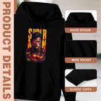 Construction-detail card for the men's Caped Face with a Pink Cross hoodie, including the hood, front pouch and cuff edges