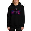 On-model product photo: women's hoodie bearing an armored cowl portrait surrounded by electric pink and blue light
