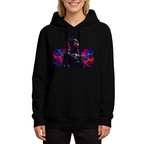 On-model product photo: women's hoodie bearing an armored cowl portrait surrounded by electric pink and blue light