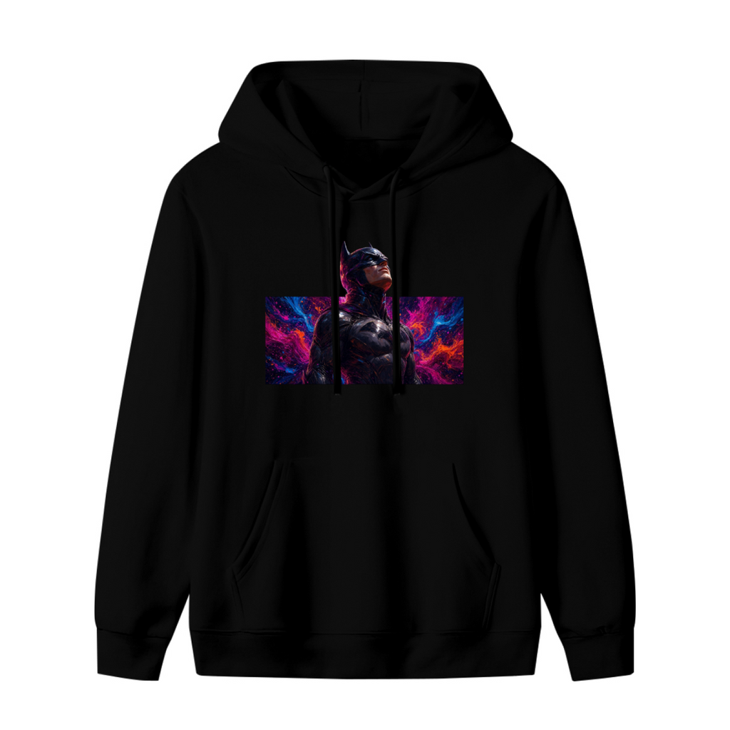 Women's hoodie photographed alone, with an armored cowl portrait surrounded by electric pink and blue light on the front