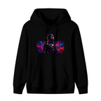 Women's hoodie photographed alone, with an armored cowl portrait surrounded by electric pink and blue light on the front