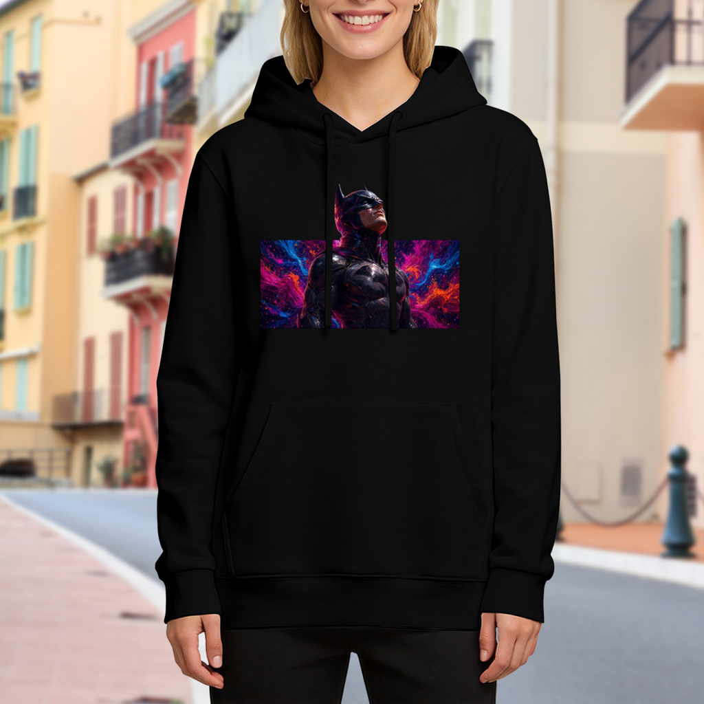 Lifestyle image outdoors: women's hoodie with a front graphic of an armored cowl portrait surrounded by electric pink and blue light