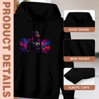Feature collage for the women's A Mask Framed by Neon hoodie: hood shape, pouch pocket and cuff finishing