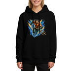 Women's hoodie seen on a model, its front graphic depicting an armored trident bearer surrounded by sharp multicolored paint streaks