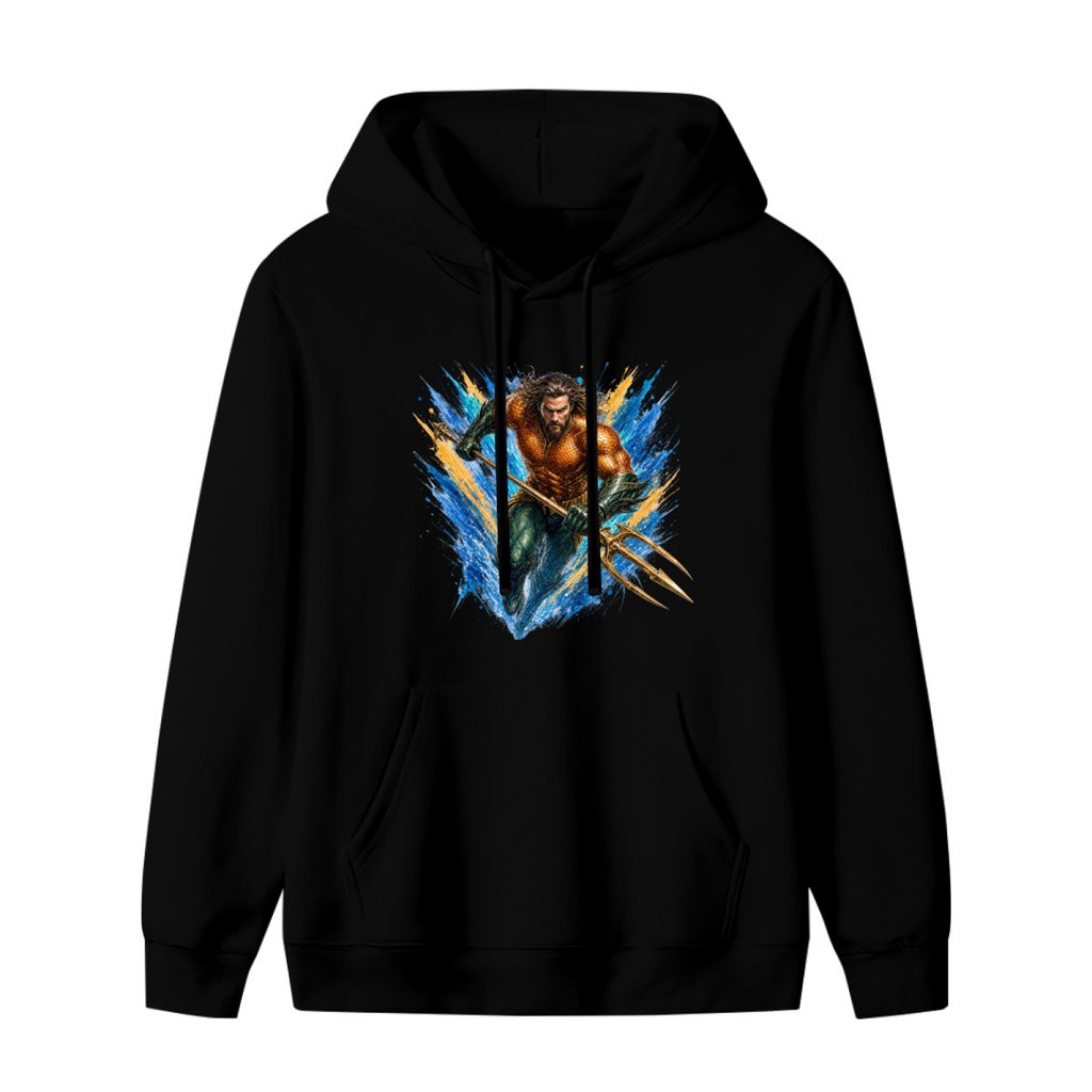 Front garment photograph: women's hoodie decorated with an armored trident bearer surrounded by sharp multicolored paint streaks