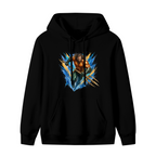 Front garment photograph: women's hoodie decorated with an armored trident bearer surrounded by sharp multicolored paint streaks
