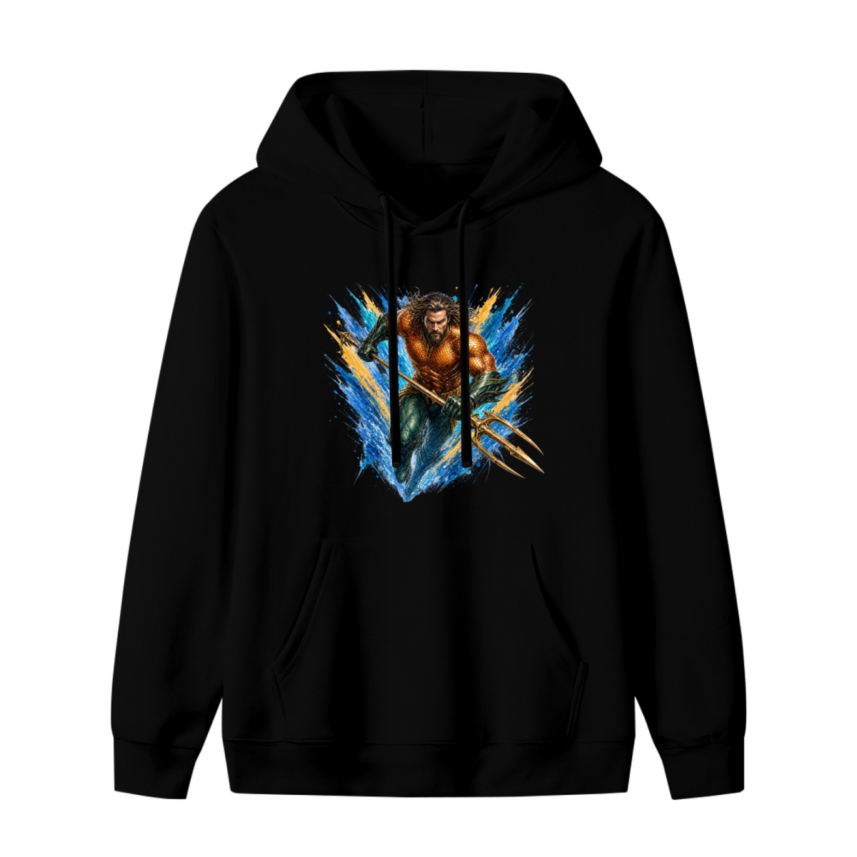 Front garment photograph: women's hoodie decorated with an armored trident bearer surrounded by sharp multicolored paint streaks