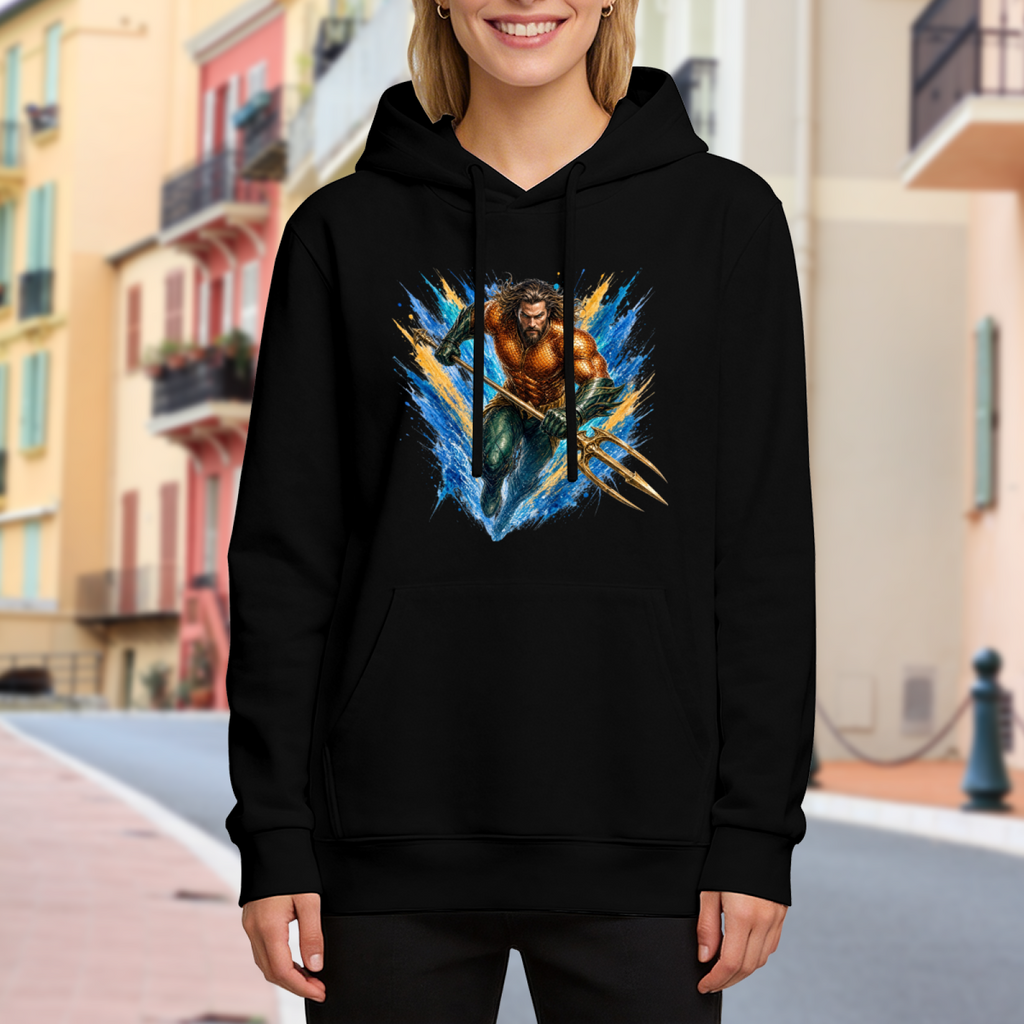 An armored trident bearer surrounded by sharp multicolored paint streaks visible on a women's hoodie in an outdoor front model view