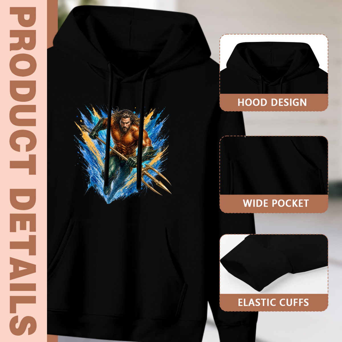 Women's A Sea Warrior in Brushstrokes hoodie product-feature illustration with close views of the hood, pocket and cuffs