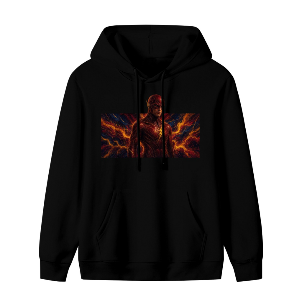 Standalone men's hoodie front displaying a graphic of a masked figure framed by branching orange lightning in a wide panel