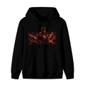 Standalone men's hoodie front displaying a graphic of a masked figure framed by branching orange lightning in a wide panel