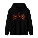 Standalone men's hoodie front displaying a graphic of a masked figure framed by branching orange lightning in a wide panel