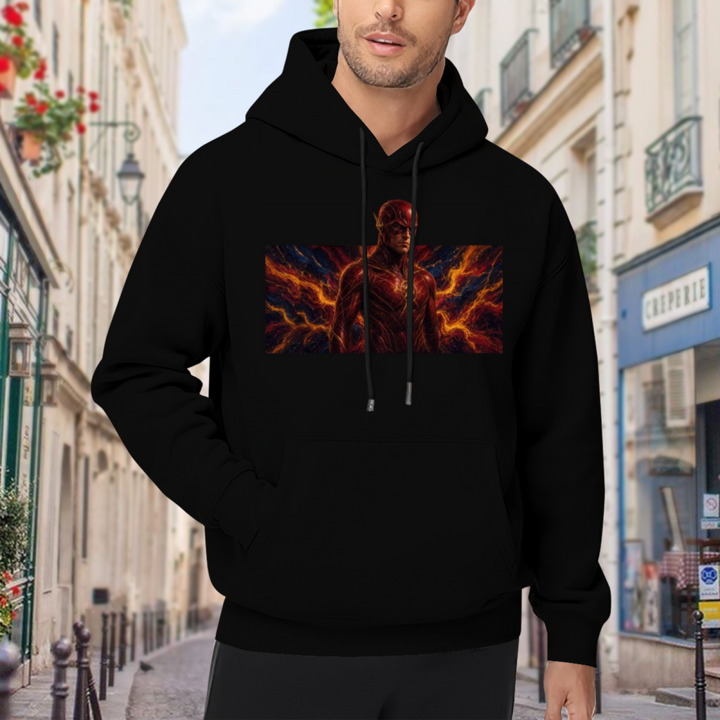 Men's hoodie worn outside, with the camera facing the graphic of a masked figure framed by branching orange lightning in a wide panel