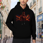 Men's hoodie worn outside, with the camera facing the graphic of a masked figure framed by branching orange lightning in a wide panel