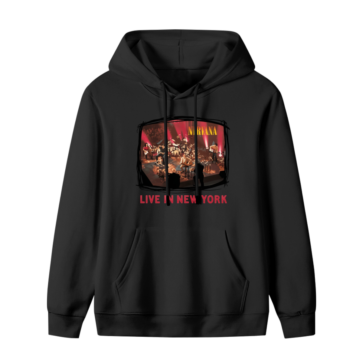 Hoodie product image with live in new york stage photo artwork, black colorway