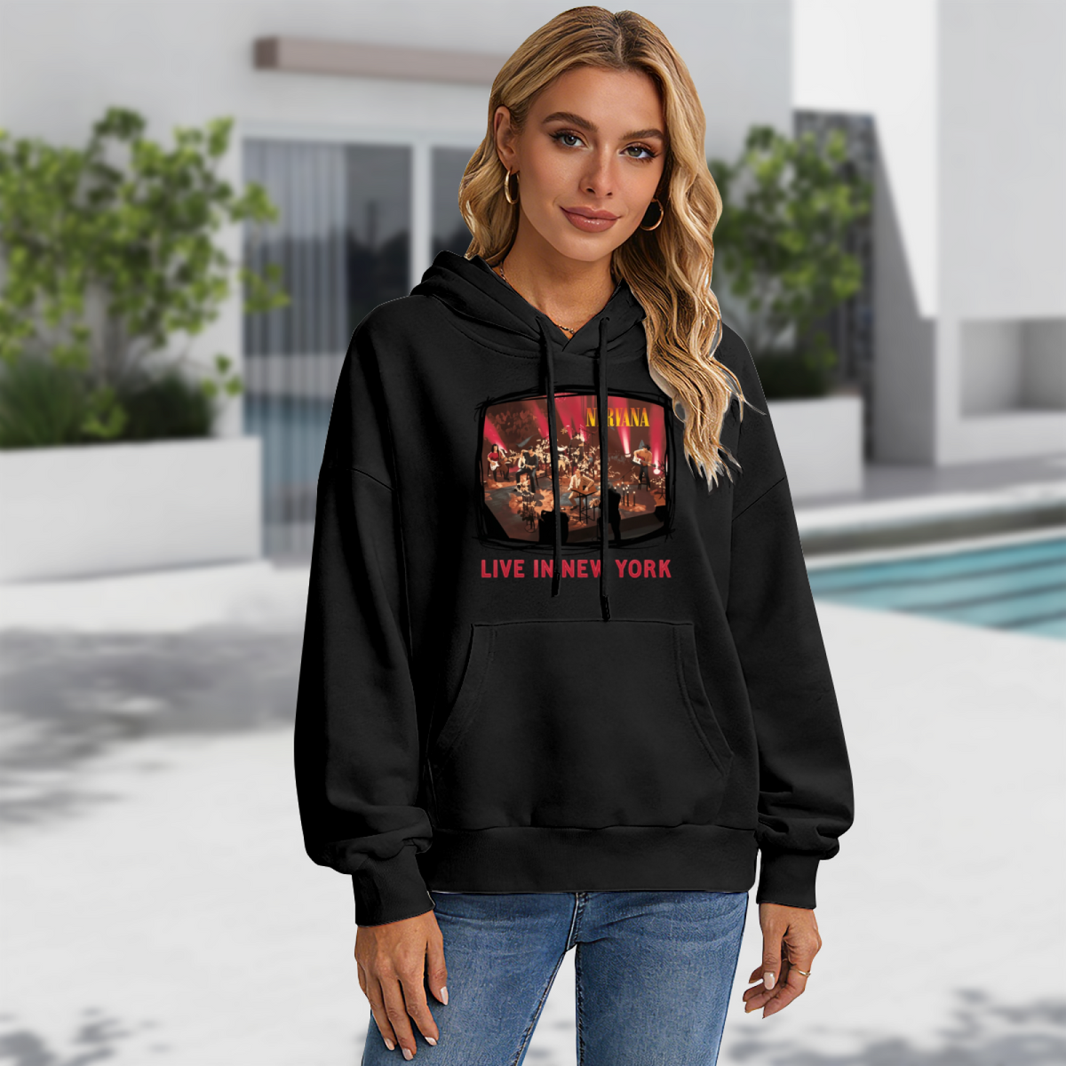 Hoodie product image with live in new york stage photo artwork