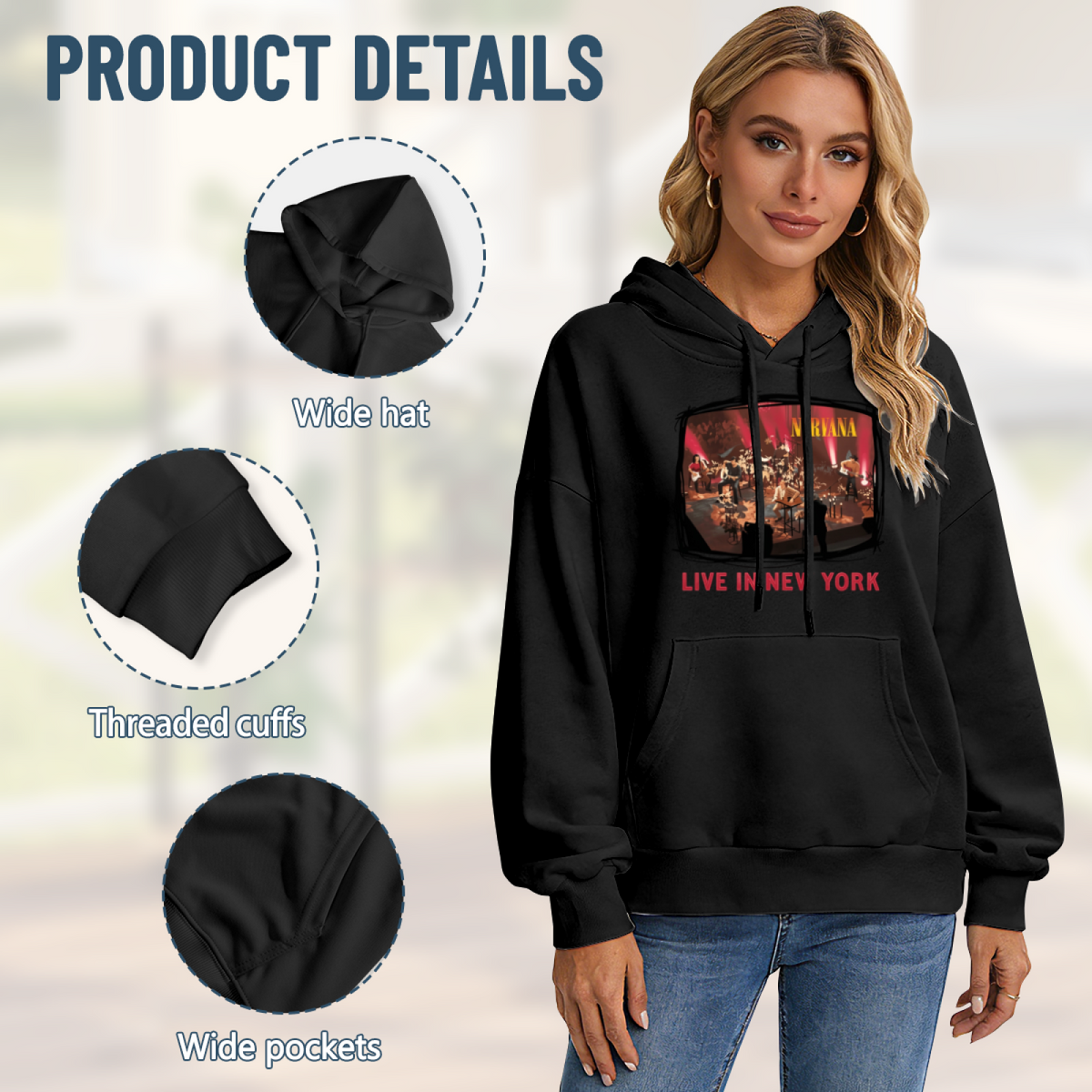 Hoodie product image with live in new york stage photo artwork