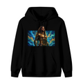 Front garment photograph: men's hoodie decorated with a long-haired warrior in golden armor surrounded by swirling waves