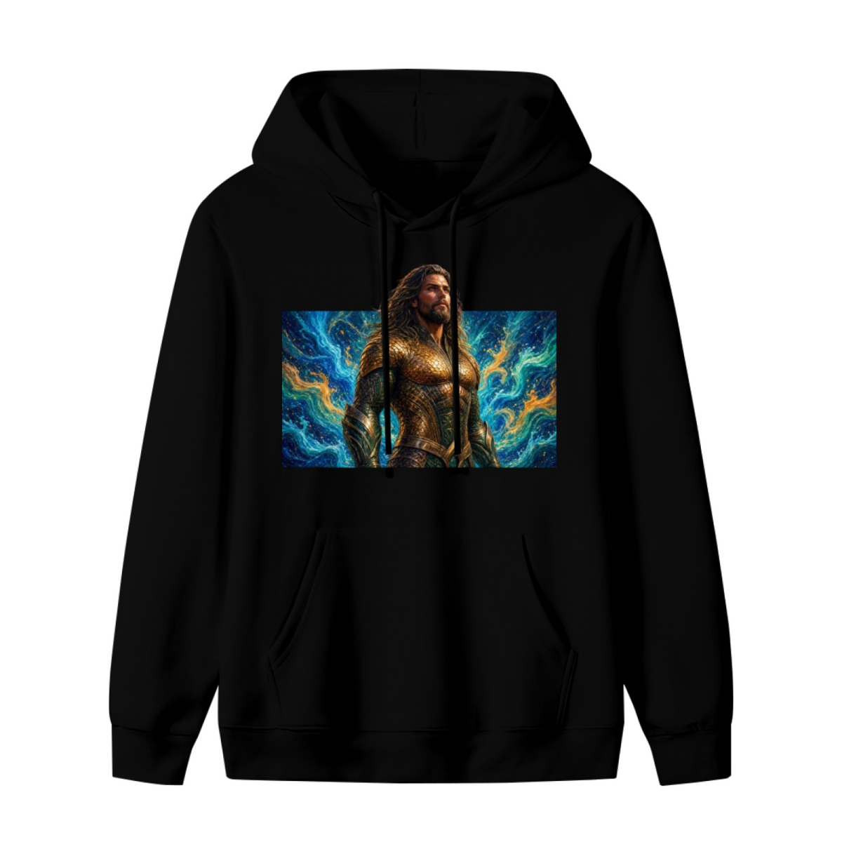 Front garment photograph: men's hoodie decorated with a long-haired warrior in golden armor surrounded by swirling waves