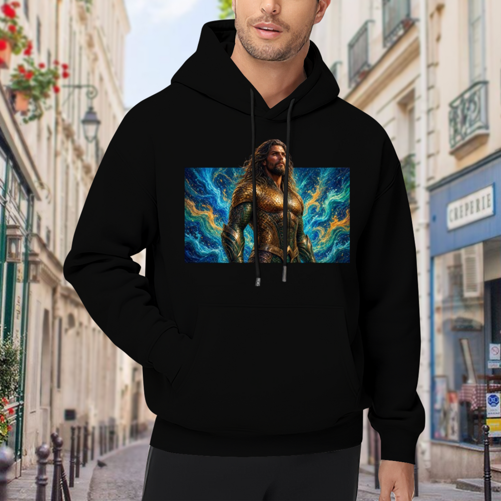 A long-haired warrior in golden armor surrounded by swirling waves visible on a men's hoodie in an outdoor front model view
