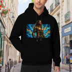 A long-haired warrior in golden armor surrounded by swirling waves visible on a men's hoodie in an outdoor front model view
