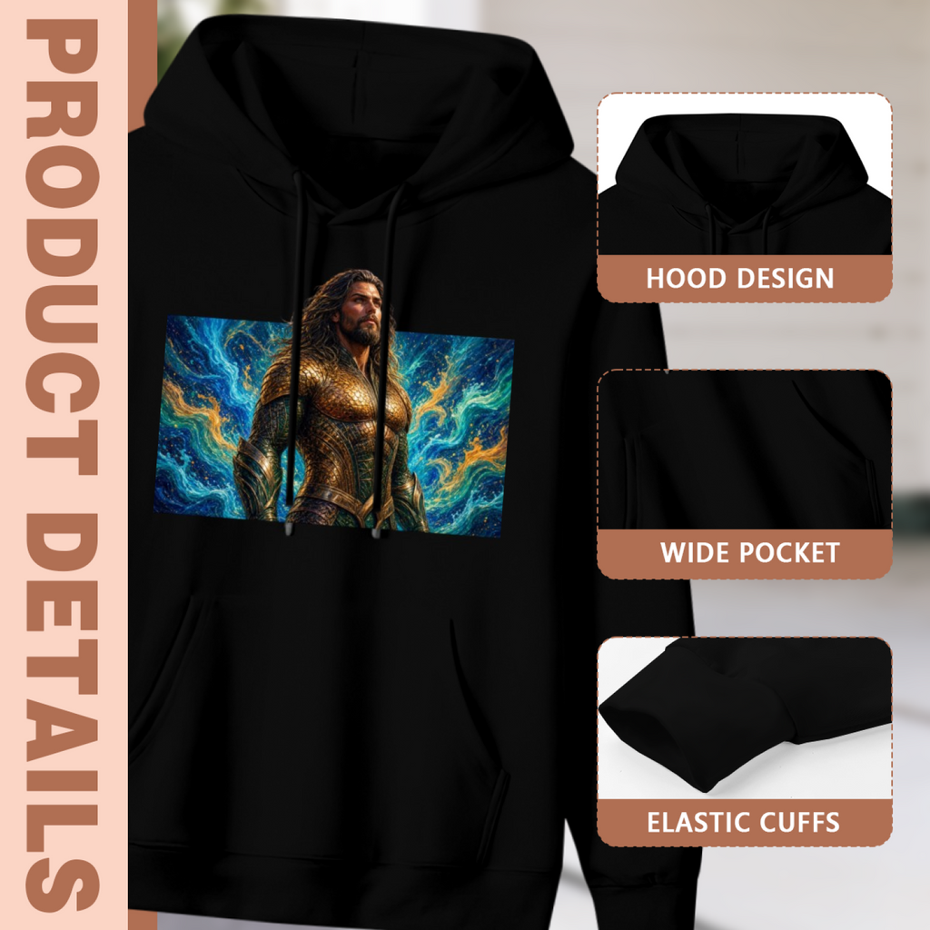 Men's Golden Armor against Waves hoodie product-feature illustration with close views of the hood, pocket and cuffs