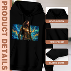 Men's Golden Armor against Waves hoodie product-feature illustration with close views of the hood, pocket and cuffs