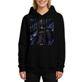 Studio photograph of a model in a women's hoodie showing a watchful armored figure surrounded by violet lightning