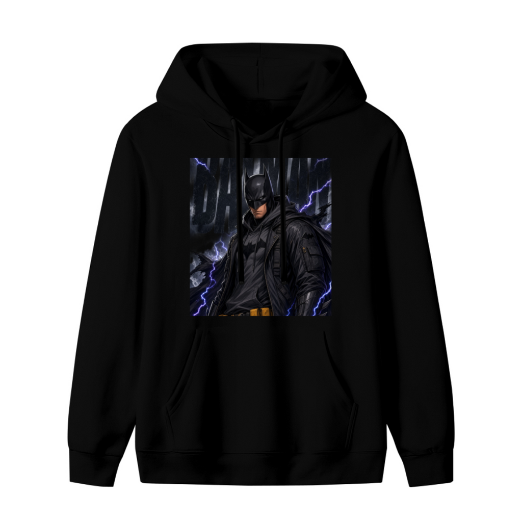 Standalone women's hoodie front displaying a graphic of a watchful armored figure surrounded by violet lightning