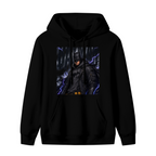 Standalone women's hoodie front displaying a graphic of a watchful armored figure surrounded by violet lightning