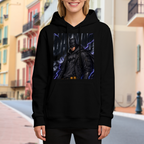 Women's hoodie worn outside, with the camera facing the graphic of a watchful armored figure surrounded by violet lightning