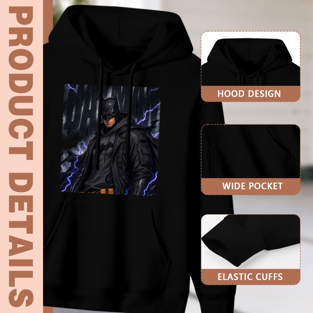 Construction-detail card for the women's Purple Bolts around the Cowl hoodie, including the hood, front pouch and cuff edges