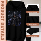 Construction-detail card for the women's Purple Bolts around the Cowl hoodie, including the hood, front pouch and cuff edges