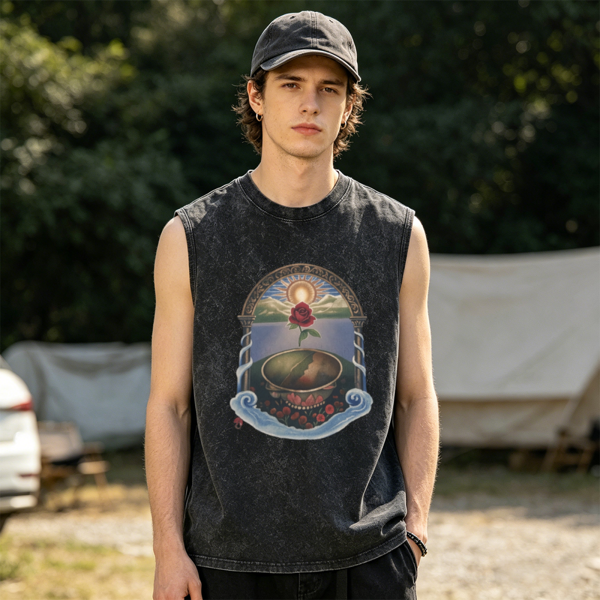 Grateful Dead washed graphic tank top with Rose Garden Tie Dye graphic