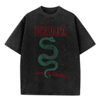 Nirvana Serve the Servants Washed Tee in Black, product image showing a Serve the Servants-themed design centered on green serpent artwork.