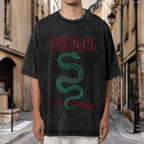 Nirvana Serve the Servants Washed Tee in Black, product image showing a Serve the Servants-themed design centered on green serpent artwork.