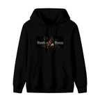 A warrior with crossed armored bracers in a lettered chest banner shown on the front of a women's hoodie in a standalone product shot