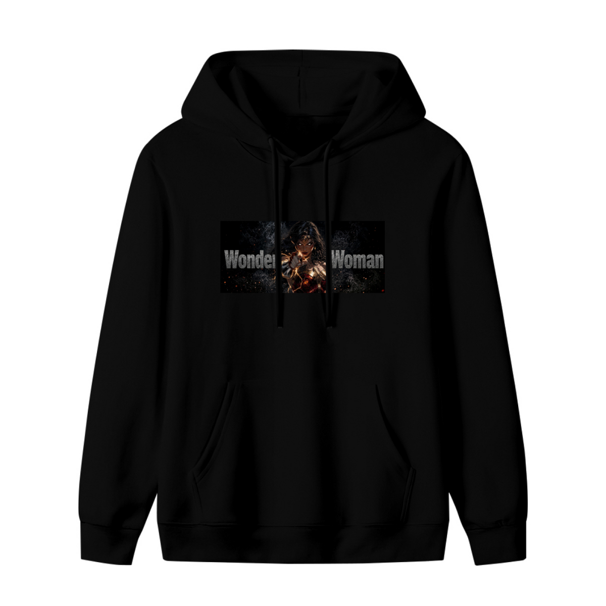 A warrior with crossed armored bracers in a lettered chest banner shown on the front of a women's hoodie in a standalone product shot